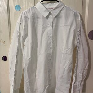 Karl Lagerfeld White Button-Up Blouse with bedazzled Sleeve Logo Trim